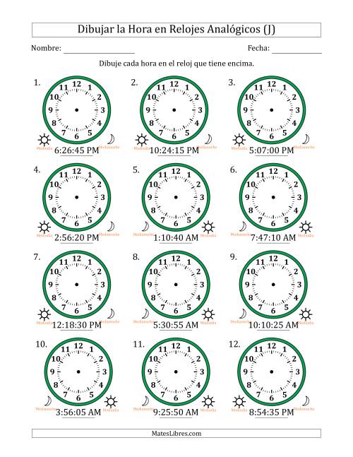 La hoja de ejercicios de Representar la Hora en Relojes Analógicos de 12 Horas en Intervalos de 5 Segundo (12 Relojes) (J)