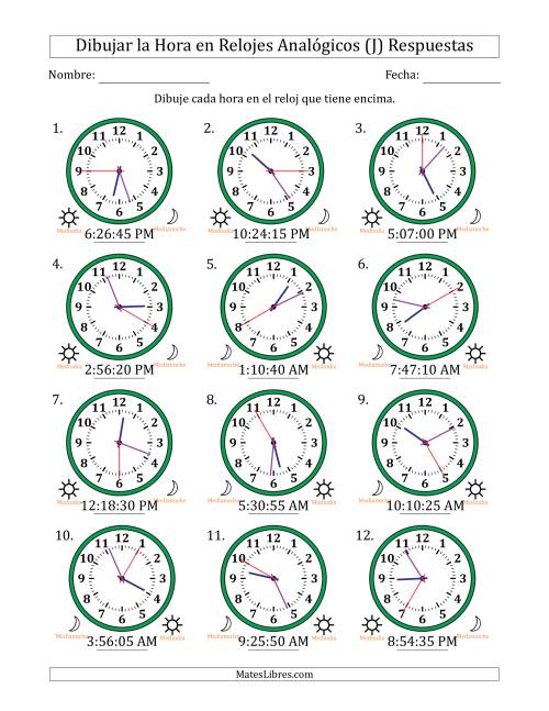 La hoja de ejercicios de Representar la Hora en Relojes Analógicos de 12 Horas en Intervalos de 5 Segundo (12 Relojes) (J) Página 2