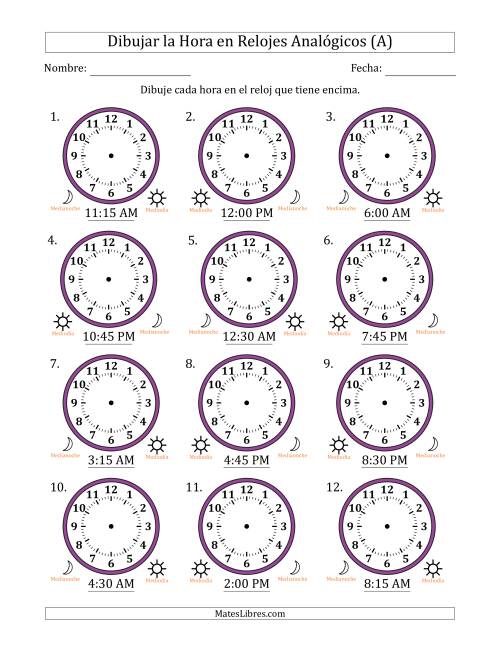 La hoja de ejercicios de Representar la Hora en Relojes Analógicos de 12 Horas en Intervalos de 15 Minuto (12 Relojes) (A)