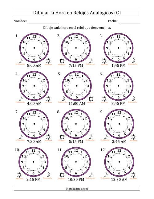 La hoja de ejercicios de Representar la Hora en Relojes Analógicos de 12 Horas en Intervalos de 15 Minuto (12 Relojes) (C)