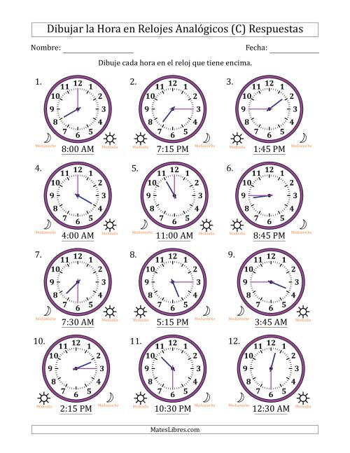 La hoja de ejercicios de Representar la Hora en Relojes Analógicos de 12 Horas en Intervalos de 15 Minuto (12 Relojes) (C) Página 2
