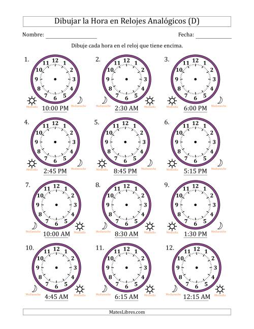 La hoja de ejercicios de Representar la Hora en Relojes Analógicos de 12 Horas en Intervalos de 15 Minuto (12 Relojes) (D)
