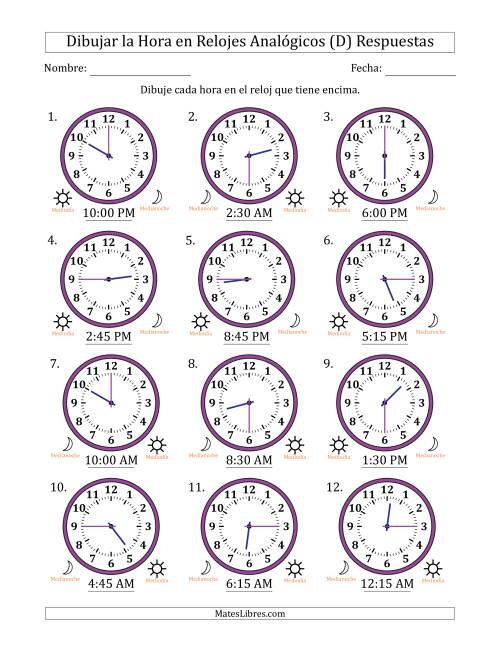 La hoja de ejercicios de Representar la Hora en Relojes Analógicos de 12 Horas en Intervalos de 15 Minuto (12 Relojes) (D) Página 2
