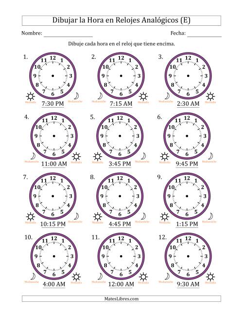La hoja de ejercicios de Representar la Hora en Relojes Analógicos de 12 Horas en Intervalos de 15 Minuto (12 Relojes) (E)