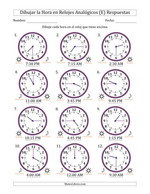 La hoja de ejercicios de Representar la Hora en Relojes Analógicos de 12 Horas en Intervalos de 15 Minuto (12 Relojes) (E) Página 2