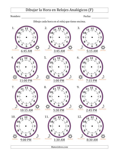 La hoja de ejercicios de Representar la Hora en Relojes Analógicos de 12 Horas en Intervalos de 15 Minuto (12 Relojes) (F)