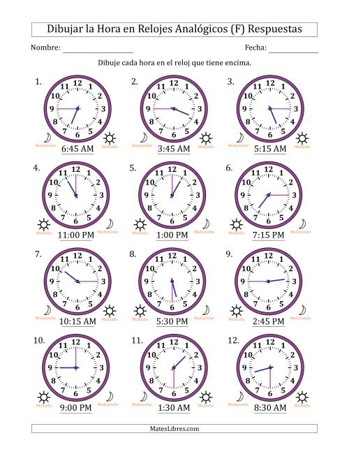 La hoja de ejercicios de Representar la Hora en Relojes Analógicos de 12 Horas en Intervalos de 15 Minuto (12 Relojes) (F) Página 2