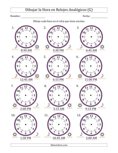 La hoja de ejercicios de Representar la Hora en Relojes Analógicos de 12 Horas en Intervalos de 15 Minuto (12 Relojes) (G)