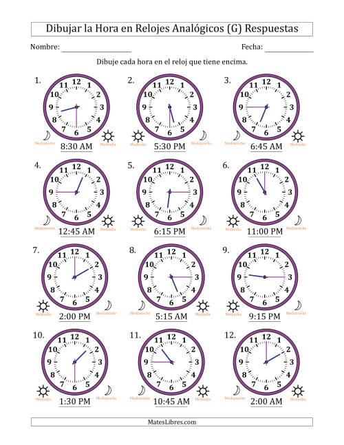 La hoja de ejercicios de Representar la Hora en Relojes Analógicos de 12 Horas en Intervalos de 15 Minuto (12 Relojes) (G) Página 2