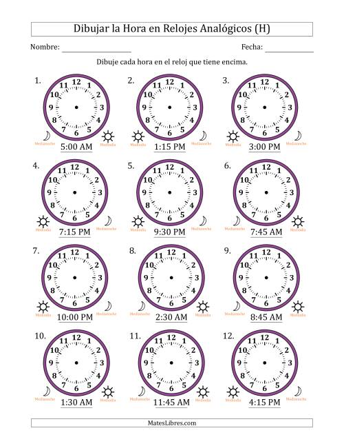 La hoja de ejercicios de Representar la Hora en Relojes Analógicos de 12 Horas en Intervalos de 15 Minuto (12 Relojes) (H)