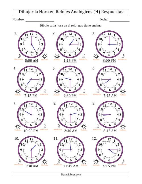 La hoja de ejercicios de Representar la Hora en Relojes Analógicos de 12 Horas en Intervalos de 15 Minuto (12 Relojes) (H) Página 2