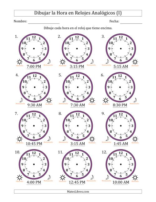 La hoja de ejercicios de Representar la Hora en Relojes Analógicos de 12 Horas en Intervalos de 15 Minuto (12 Relojes) (I)