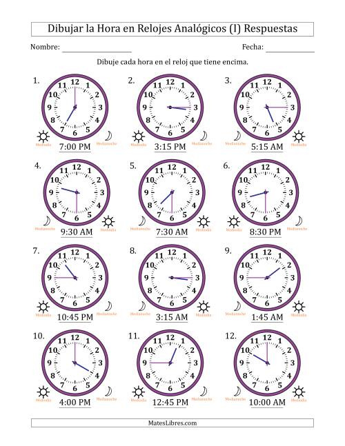 La hoja de ejercicios de Representar la Hora en Relojes Analógicos de 12 Horas en Intervalos de 15 Minuto (12 Relojes) (I) Página 2
