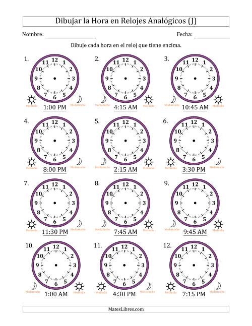La hoja de ejercicios de Representar la Hora en Relojes Analógicos de 12 Horas en Intervalos de 15 Minuto (12 Relojes) (J)