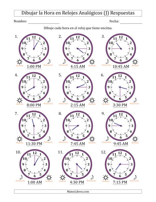 La hoja de ejercicios de Representar la Hora en Relojes Analógicos de 12 Horas en Intervalos de 15 Minuto (12 Relojes) (J) Página 2