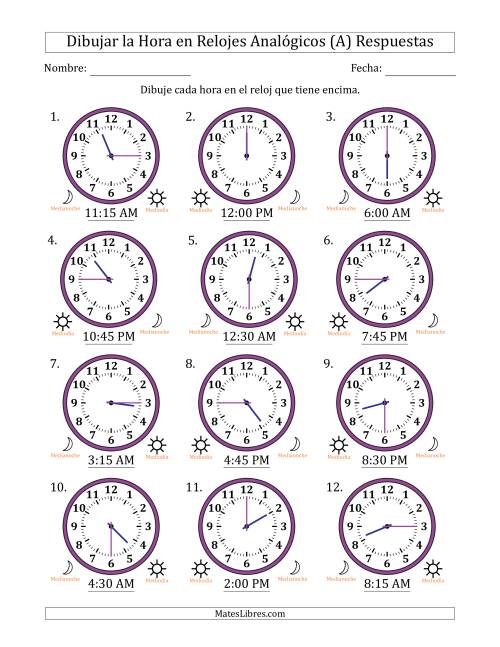 La hoja de ejercicios de Representar la Hora en Relojes Analógicos de 12 Horas en Intervalos de 15 Minuto (12 Relojes) (Todas) Página 2