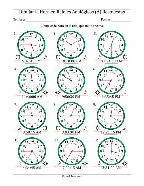 La hoja de ejercicios de Representar la Hora en Relojes Analógicos de 12 Horas en Intervalos de 15 Segundo (12 Relojes) (A) Página 2