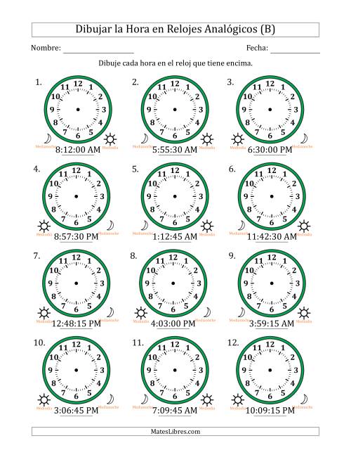 La hoja de ejercicios de Representar la Hora en Relojes Analógicos de 12 Horas en Intervalos de 15 Segundo (12 Relojes) (B)