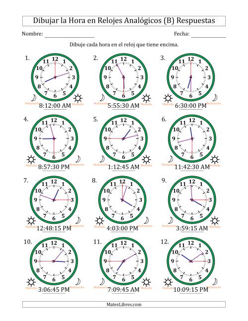 La hoja de ejercicios de Representar la Hora en Relojes Analógicos de 12 Horas en Intervalos de 15 Segundo (12 Relojes) (B) Página 2