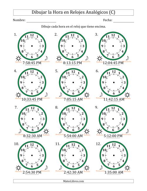 La hoja de ejercicios de Representar la Hora en Relojes Analógicos de 12 Horas en Intervalos de 15 Segundo (12 Relojes) (C)