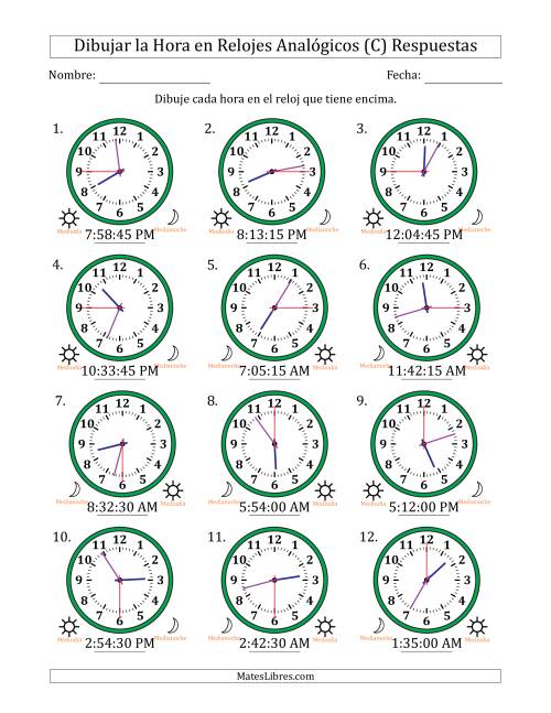 La hoja de ejercicios de Representar la Hora en Relojes Analógicos de 12 Horas en Intervalos de 15 Segundo (12 Relojes) (C) Página 2