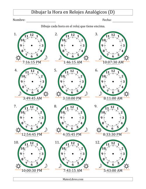 La hoja de ejercicios de Representar la Hora en Relojes Analógicos de 12 Horas en Intervalos de 15 Segundo (12 Relojes) (D)
