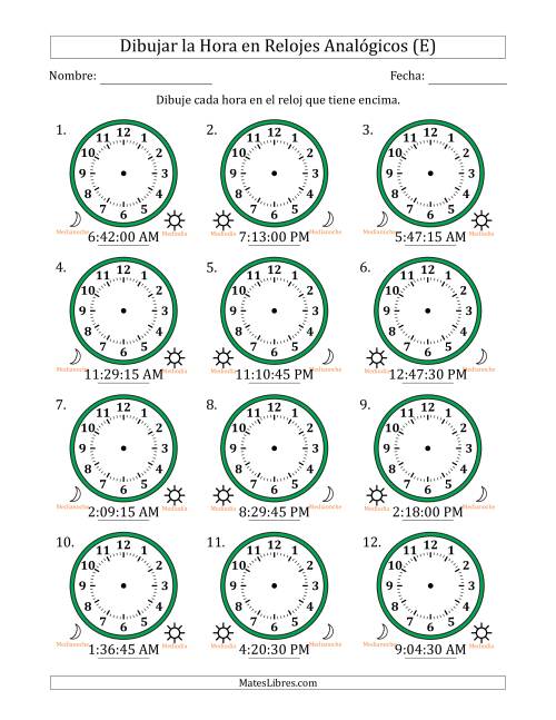 La hoja de ejercicios de Representar la Hora en Relojes Analógicos de 12 Horas en Intervalos de 15 Segundo (12 Relojes) (E)