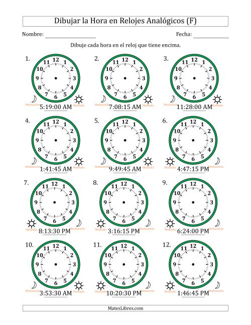 La hoja de ejercicios de Representar la Hora en Relojes Analógicos de 12 Horas en Intervalos de 15 Segundo (12 Relojes) (F)