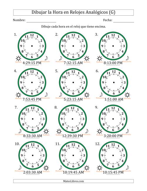 La hoja de ejercicios de Representar la Hora en Relojes Analógicos de 12 Horas en Intervalos de 15 Segundo (12 Relojes) (G)