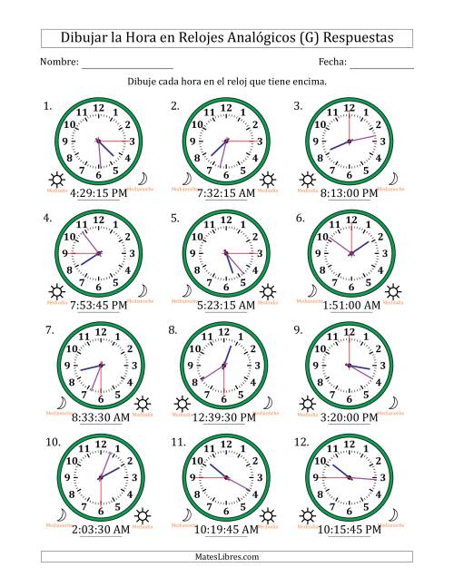 La hoja de ejercicios de Representar la Hora en Relojes Analógicos de 12 Horas en Intervalos de 15 Segundo (12 Relojes) (G) Página 2