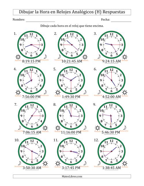La hoja de ejercicios de Representar la Hora en Relojes Analógicos de 12 Horas en Intervalos de 15 Segundo (12 Relojes) (H) Página 2