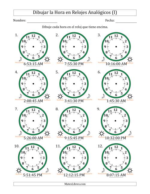 La hoja de ejercicios de Representar la Hora en Relojes Analógicos de 12 Horas en Intervalos de 15 Segundo (12 Relojes) (I)
