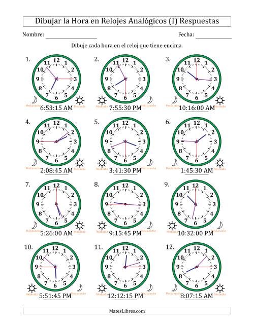 La hoja de ejercicios de Representar la Hora en Relojes Analógicos de 12 Horas en Intervalos de 15 Segundo (12 Relojes) (I) Página 2