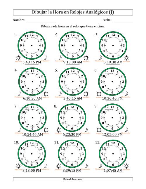 La hoja de ejercicios de Representar la Hora en Relojes Analógicos de 12 Horas en Intervalos de 15 Segundo (12 Relojes) (J)