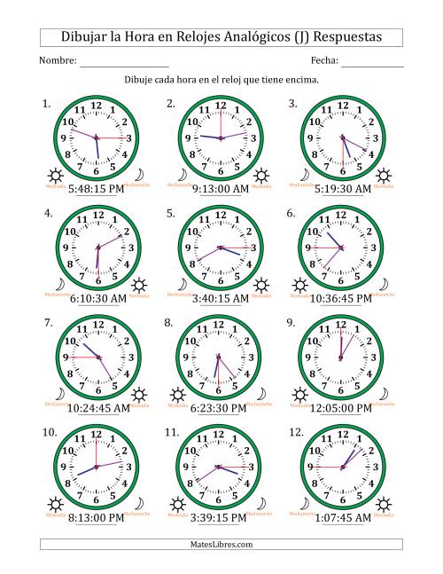 La hoja de ejercicios de Representar la Hora en Relojes Analógicos de 12 Horas en Intervalos de 15 Segundo (12 Relojes) (J) Página 2