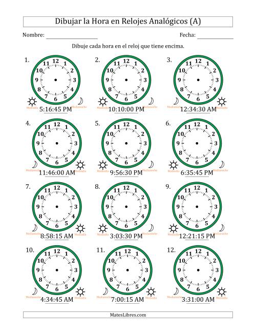La hoja de ejercicios de Representar la Hora en Relojes Analógicos de 12 Horas en Intervalos de 15 Segundo (12 Relojes) (Todas)