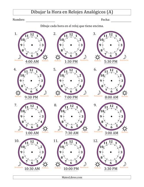 La hoja de ejercicios de Representar la Hora en Relojes Analógicos de 12 Horas en Intervalos de 30 Minuto (12 Relojes) (A)