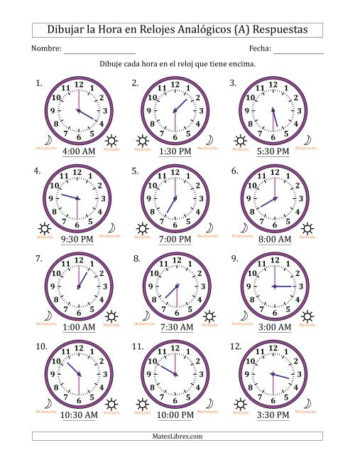 La hoja de ejercicios de Representar la Hora en Relojes Analógicos de 12 Horas en Intervalos de 30 Minuto (12 Relojes) (A) Página 2
