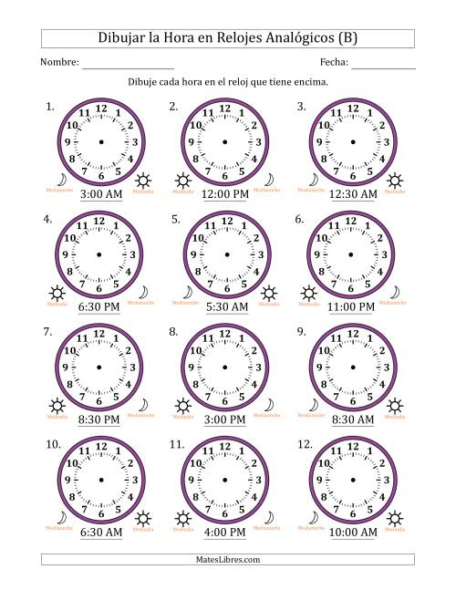 La hoja de ejercicios de Representar la Hora en Relojes Analógicos de 12 Horas en Intervalos de 30 Minuto (12 Relojes) (B)