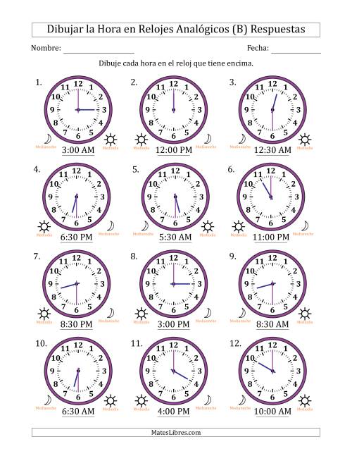 La hoja de ejercicios de Representar la Hora en Relojes Analógicos de 12 Horas en Intervalos de 30 Minuto (12 Relojes) (B) Página 2