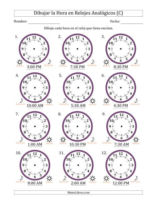 La hoja de ejercicios de Representar la Hora en Relojes Analógicos de 12 Horas en Intervalos de 30 Minuto (12 Relojes) (C)