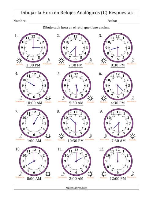 La hoja de ejercicios de Representar la Hora en Relojes Analógicos de 12 Horas en Intervalos de 30 Minuto (12 Relojes) (C) Página 2