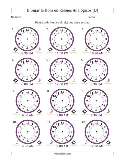 La hoja de ejercicios de Representar la Hora en Relojes Analógicos de 12 Horas en Intervalos de 30 Minuto (12 Relojes) (D)