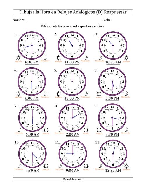 La hoja de ejercicios de Representar la Hora en Relojes Analógicos de 12 Horas en Intervalos de 30 Minuto (12 Relojes) (D) Página 2