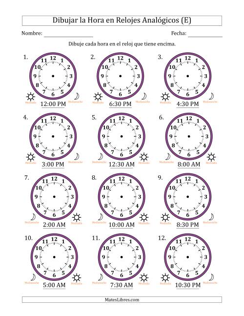 La hoja de ejercicios de Representar la Hora en Relojes Analógicos de 12 Horas en Intervalos de 30 Minuto (12 Relojes) (E)