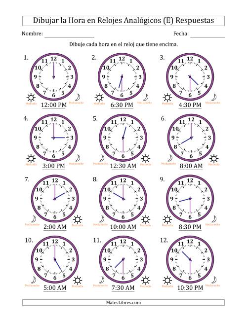 La hoja de ejercicios de Representar la Hora en Relojes Analógicos de 12 Horas en Intervalos de 30 Minuto (12 Relojes) (E) Página 2