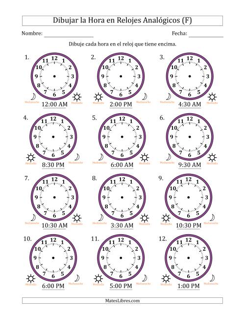 La hoja de ejercicios de Representar la Hora en Relojes Analógicos de 12 Horas en Intervalos de 30 Minuto (12 Relojes) (F)