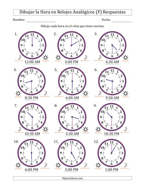 La hoja de ejercicios de Representar la Hora en Relojes Analógicos de 12 Horas en Intervalos de 30 Minuto (12 Relojes) (F) Página 2