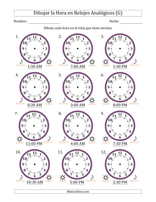 La hoja de ejercicios de Representar la Hora en Relojes Analógicos de 12 Horas en Intervalos de 30 Minuto (12 Relojes) (G)