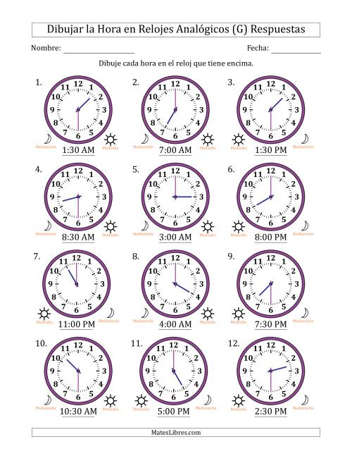 La hoja de ejercicios de Representar la Hora en Relojes Analógicos de 12 Horas en Intervalos de 30 Minuto (12 Relojes) (G) Página 2